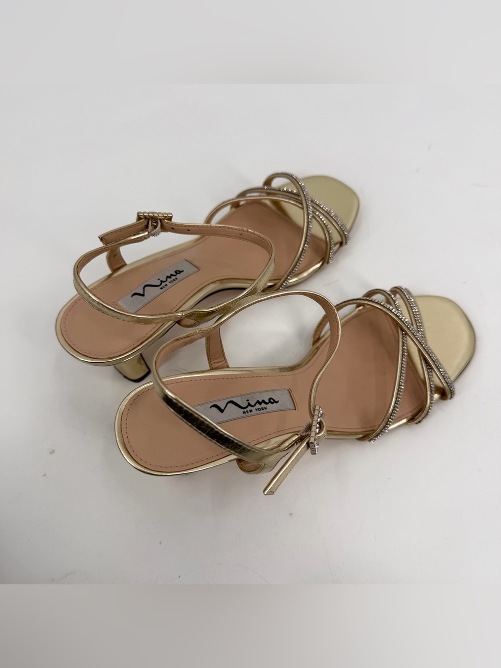 Nina Strappy Sandals Dressy Heels Women’s 7.5 M Gold Criss Cross Rhinestone - Picture 5 of 11